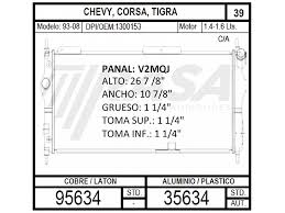 RADIADOR AGUA ALUMINIO RASA GENERAL MOTORS CHEVROLET CHEVY MONZA PICK UP 4 CIL 1.4 Y 1.6 LTS STANDAR 93/00 TUBO REDONDO CON AIRE ACONDICIONADO = 35634M RASA