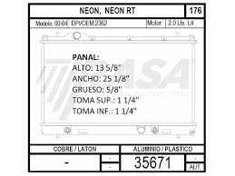 RADIADOR AGUA ALUMINIO RASA CHRYSLER DODGE NEON/NEON RT 2.0L 4CIL 00/04 TUBO REDONDO AUTOMATICO = 35671AU RASA