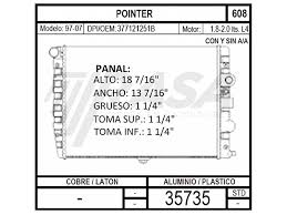 RADIADOR AGUA ALUMINIO RASA VOLKSWAGEN POINTER 4 CIL 1.8 LTS STANDAR 97/02 TUBO REDONDO CON Y SIN AIRE ACONDICIONADO = 35735M RASA