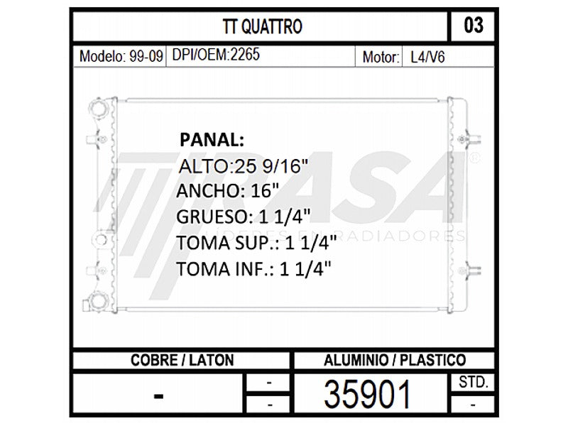 RADIADOR AGUA ALUMINIO RASA VOLKSWAGEN GOLF A4 JETTA A4 SEAT TOLEDO LEON AUDI A4 TT, TT QUATTRO 4 CIL ESTANDAR TUBO REDONDO CON Y SIN AIRE ACONDICIONADO = 35901 RASA