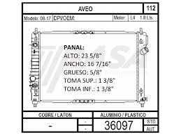 RADIADOR AGUA ALUMINIO RASA CHEVROLET AVEO 4 CIL 1.6 LTS 16 VAL STANDAR 07/18 = 36097 RASA
