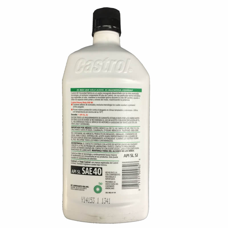 ACEITE MONOGRADO CASTROL SAE 40 BOTELLA 1LT HD VISCOSIDAD OPTIMA