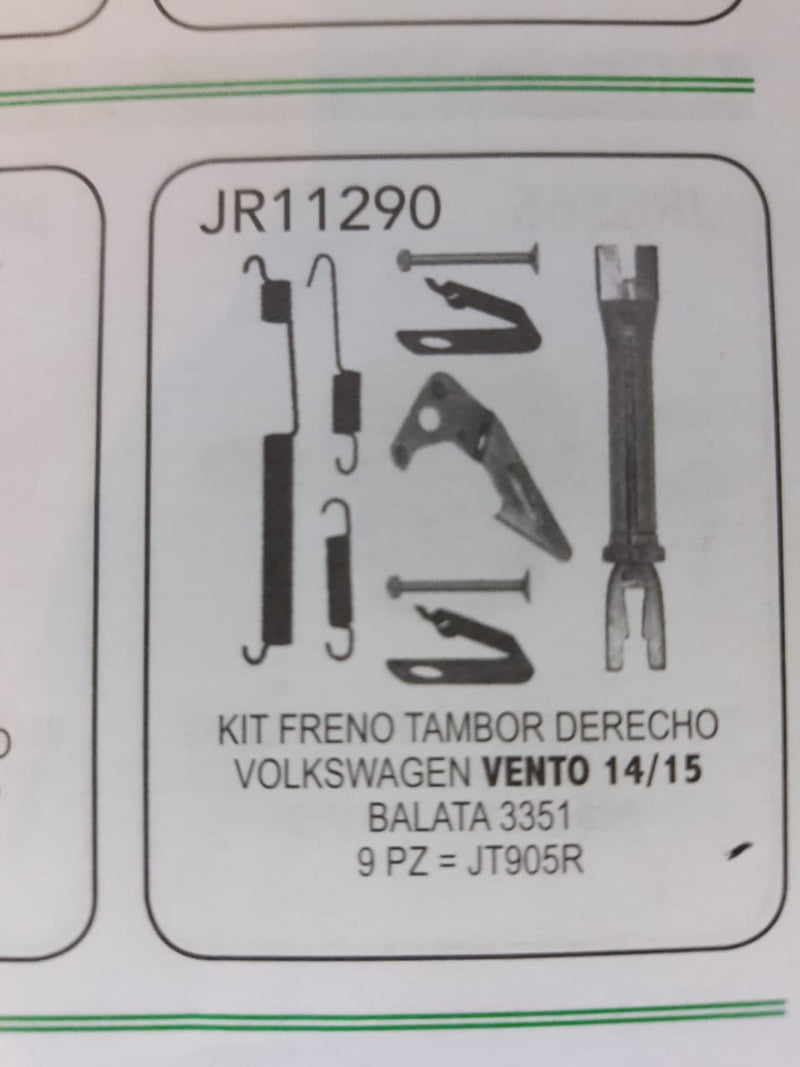 KIT DE FRENOS (PARA TAMBOR DERECHO) JR AUTOPARTES VOLKSWAGEN VENTO 15/15 PARA BALATA TRASERA 3351 INCLUYE AJUSTADOR, RESORTES, ANIVELADOR, CLAVOS Y SEGUROS = JR11290 JR AUTOPARTES