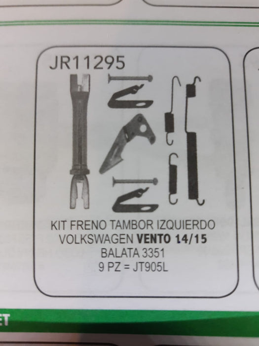 KIT DE FRENOS (PARA TAMBOR IZQUIERDO) JR AUTOPARTES VOLKSWAGEN VENTO 15/15 PARA BALATA TRASERA 3351 INCLUYE AJUSTADOR, RESORTES, ANIVELADOR, CLAVOS Y SEGUROS = JR11295 JR AUTOPARTES