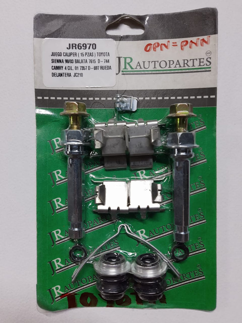 KIT CALIPER (PARA BALATA RUEDA DELANTERA) JR AUTOPARTES TOYOTA SIENNA 98/03 CAMRY 4 CIL 2001 PARA BALATA 7357D697 Y 7615D744 INCLUYE TORNILLOS DE CALIPER Y ACCESORIOS = JR6970 JR AUTOPARTES