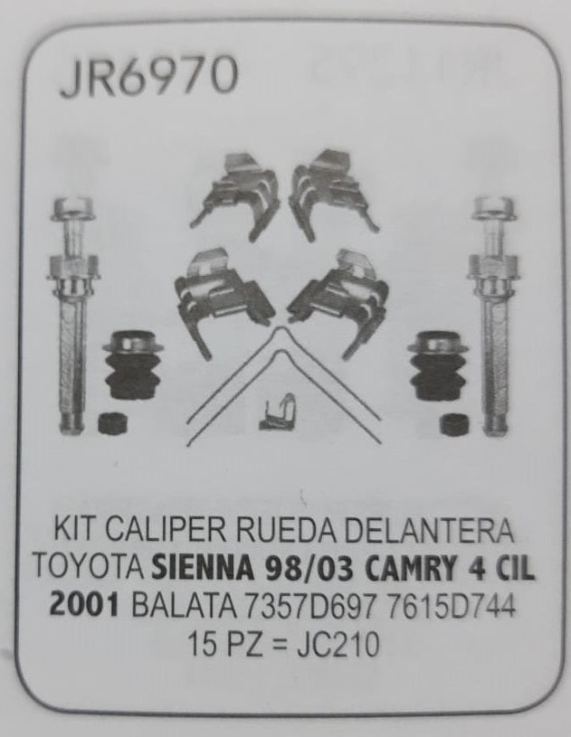 KIT CALIPER (PARA BALATA RUEDA DELANTERA) JR AUTOPARTES TOYOTA SIENNA 98/03 CAMRY 4 CIL 2001 PARA BALATA 7357D697 Y 7615D744 INCLUYE TORNILLOS DE CALIPER Y ACCESORIOS = JR6970 JR AUTOPARTES