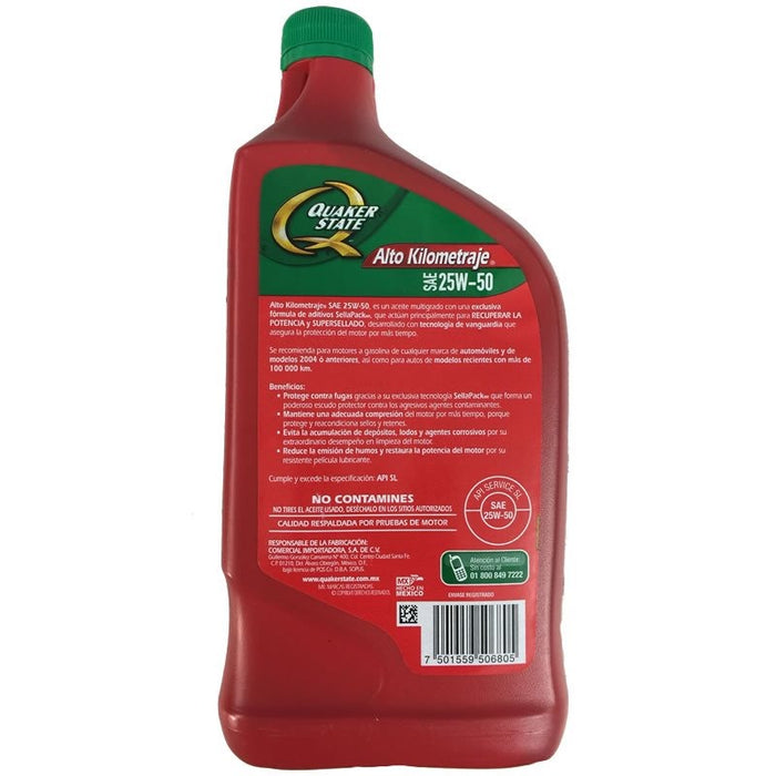 ACEITE MULTIGRADO QUAKER STATE SAE 25W50 BOTELLA 946ML ALTO KILOMETRAJE