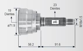 ESPIGA TMK LADO RUEDA DERECHA / IZQUIERDA CHEVROLET GENERAL MOTORS PONTIAC MATIZ 04/15 1.0 CIL TRANSMISIÓN STANDAR 19 DIENTES INTERIORES 23 DIENTES EXTERIORES = RR9028 RACE
